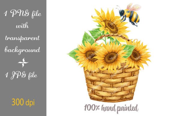 Bee with Sunflower Flowers Basket PNG
