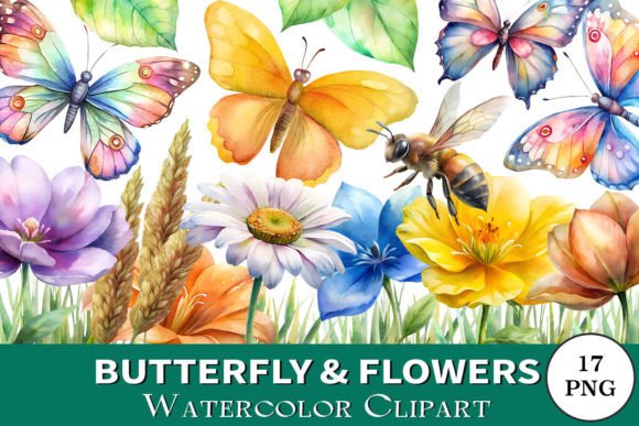 Butterfly Flowers Watercolor Clipart PNG