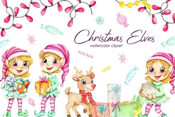 Christmas Watercolor Clipart Elves for Creative Projects