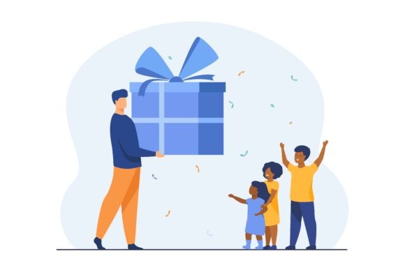 Man Carrying Huge Gift Box to Children: A Visual Symbol of Joy and Giving