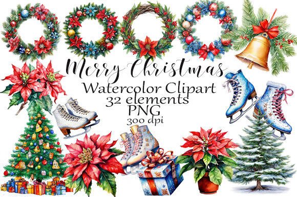 Merry Christmas Watercolor Clipart PNG