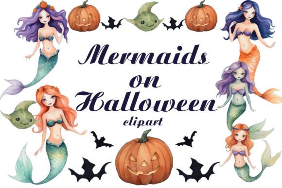 Watercolor Halloween Mermaids: Spooky & Chic Design Assets