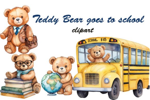 Watercolor Teddy Bear in School PNG Set